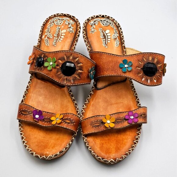 NWOB Spring Step Women's Brown Leather Kitten Heel Open-Toe Sandals Sz 9.5 2398 - Picture 9 of 16